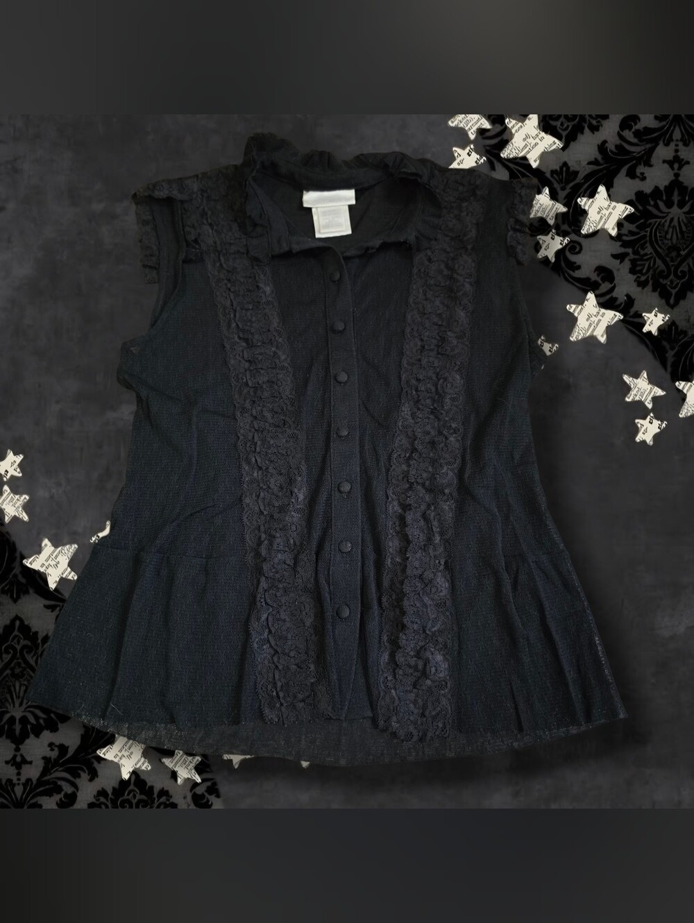 Worthington Black Sleeveless Ruffle-Front Button Blouse